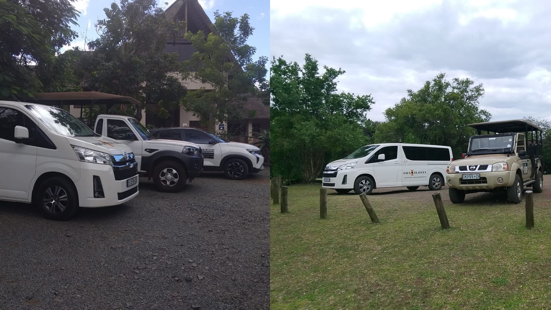 Shuttle & Transfers — DIZA TRAVELS branded shuttle vehicles parked and ready for transfer